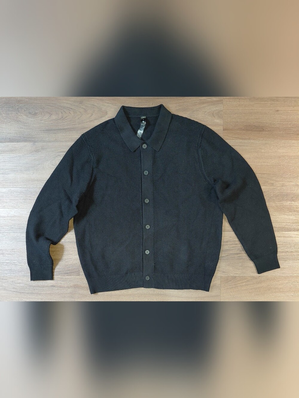 Lululemon Knit Collared Cardigan Sweater Black Men's Size L Textured Waffle